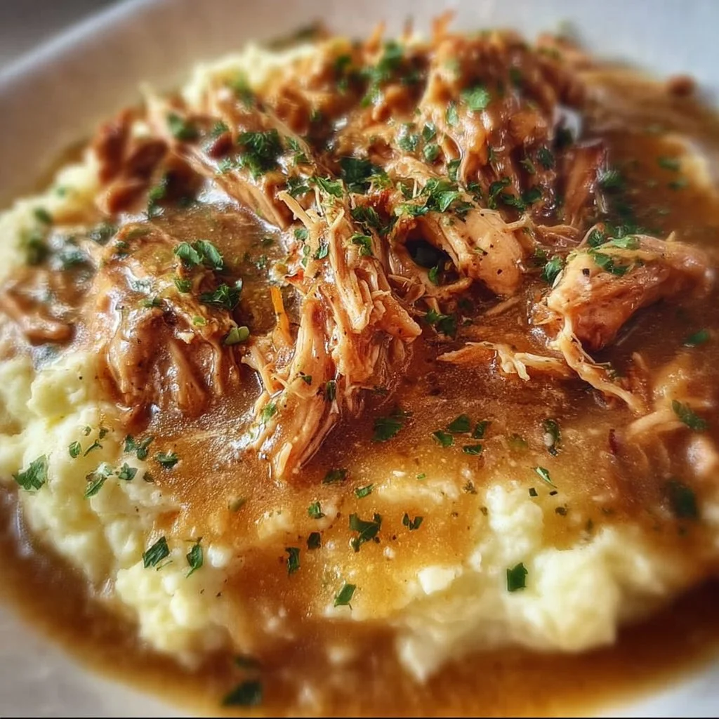 Crockpot shredded chicken gravy served over creamy mashed potatoes