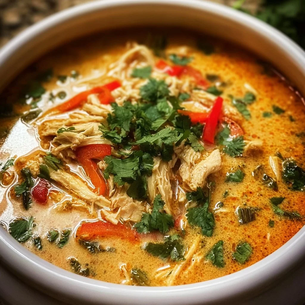 Crockpot Thai Coconut Chicken Soup in a bowl garnished with herbs