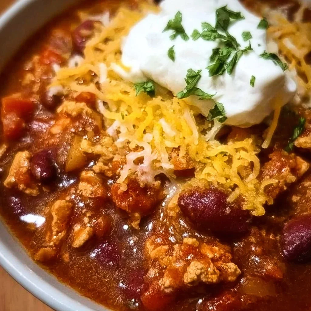 A bowl of hearty Crockpot Turkey Chili garnished with fresh herbs.