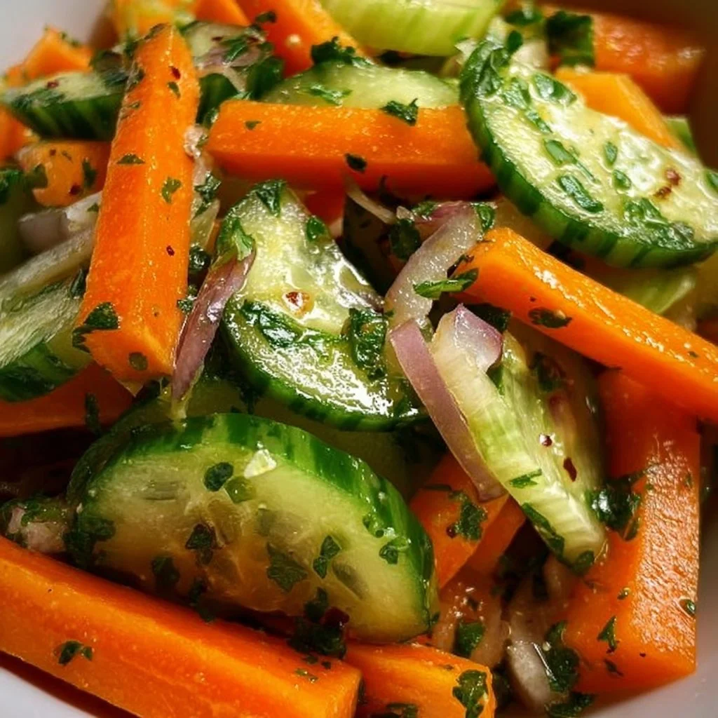 Crunchy Cucumber Salad with Carrots and Celery in a bowl