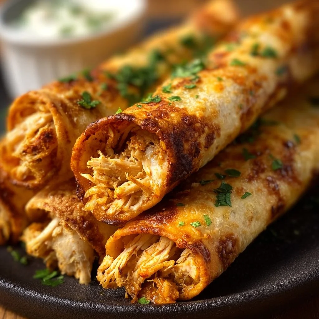 Plate of crunchy oven-baked chicken taquitos with toppings