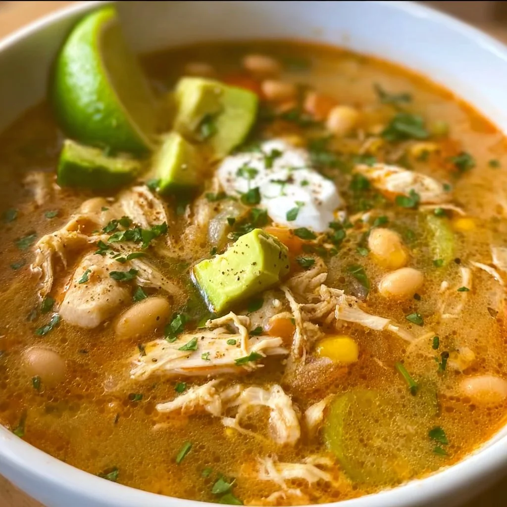 A bowl of dairy-free white chicken chili garnished with cilantro and lime.