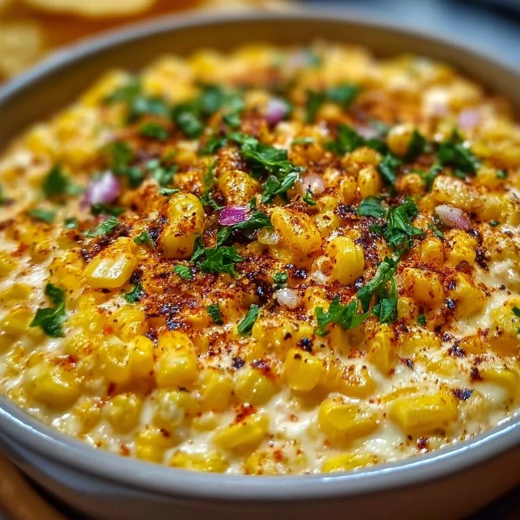 Bowl of delicious street corn dip with fresh toppings