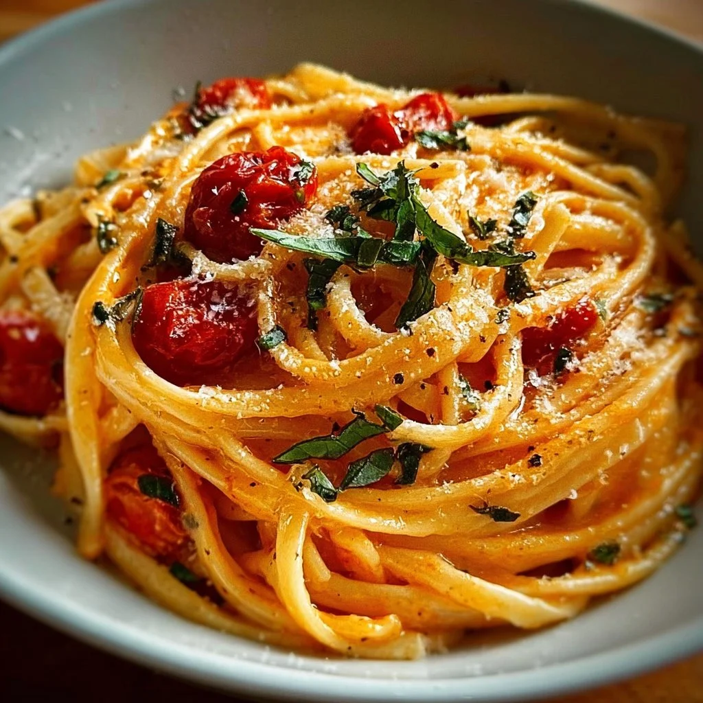 Delicious bowl of tomato butter pasta garnished with fresh basil