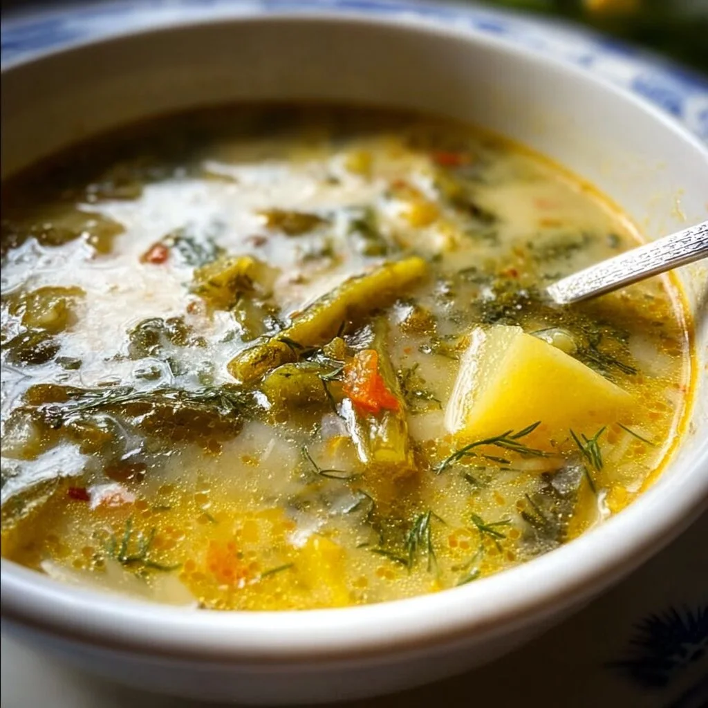 Bowl of delicious Dill Pickle Soup garnished with fresh dill and pickles