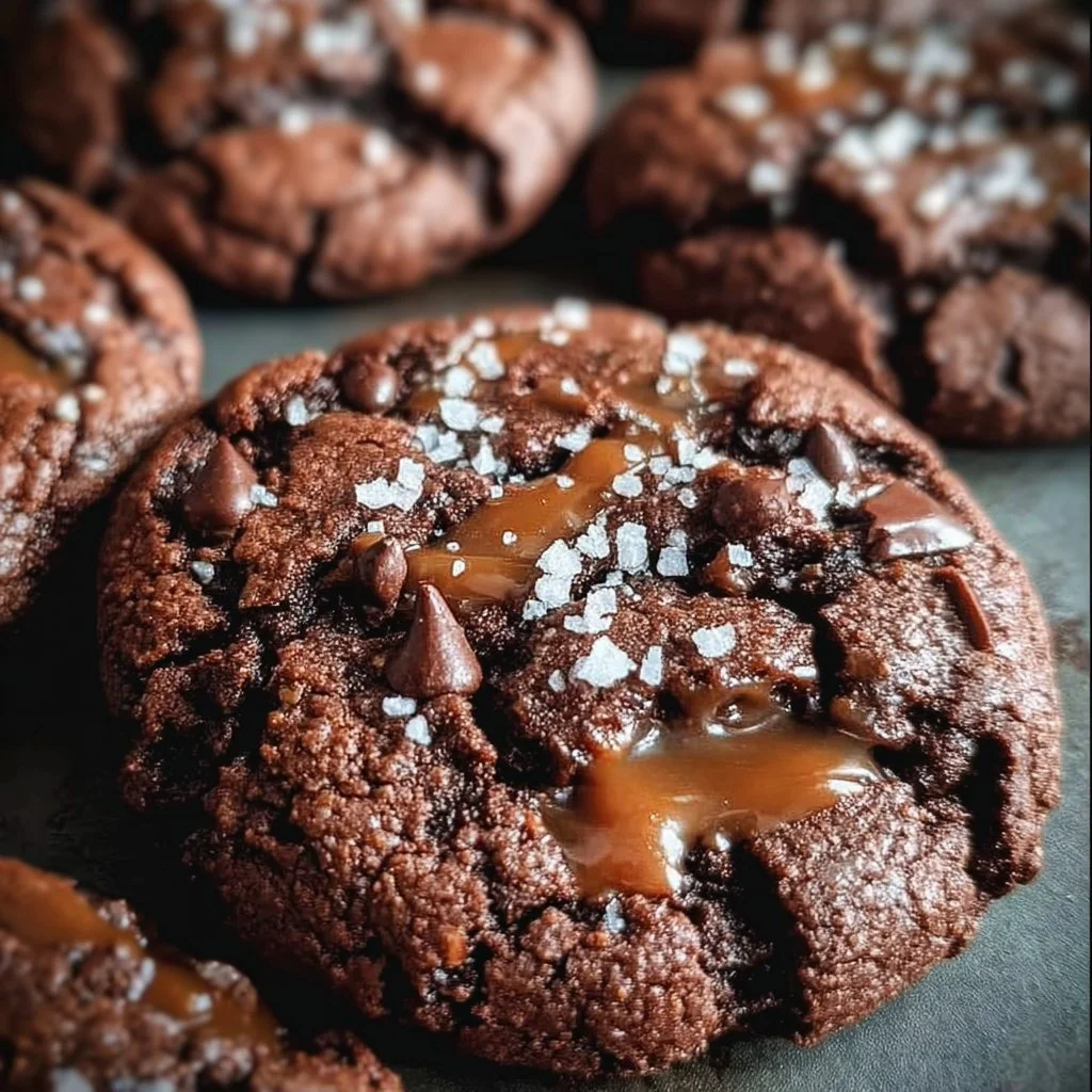 Double Chocolate Salted Caramel Cookies stacked on a plate
