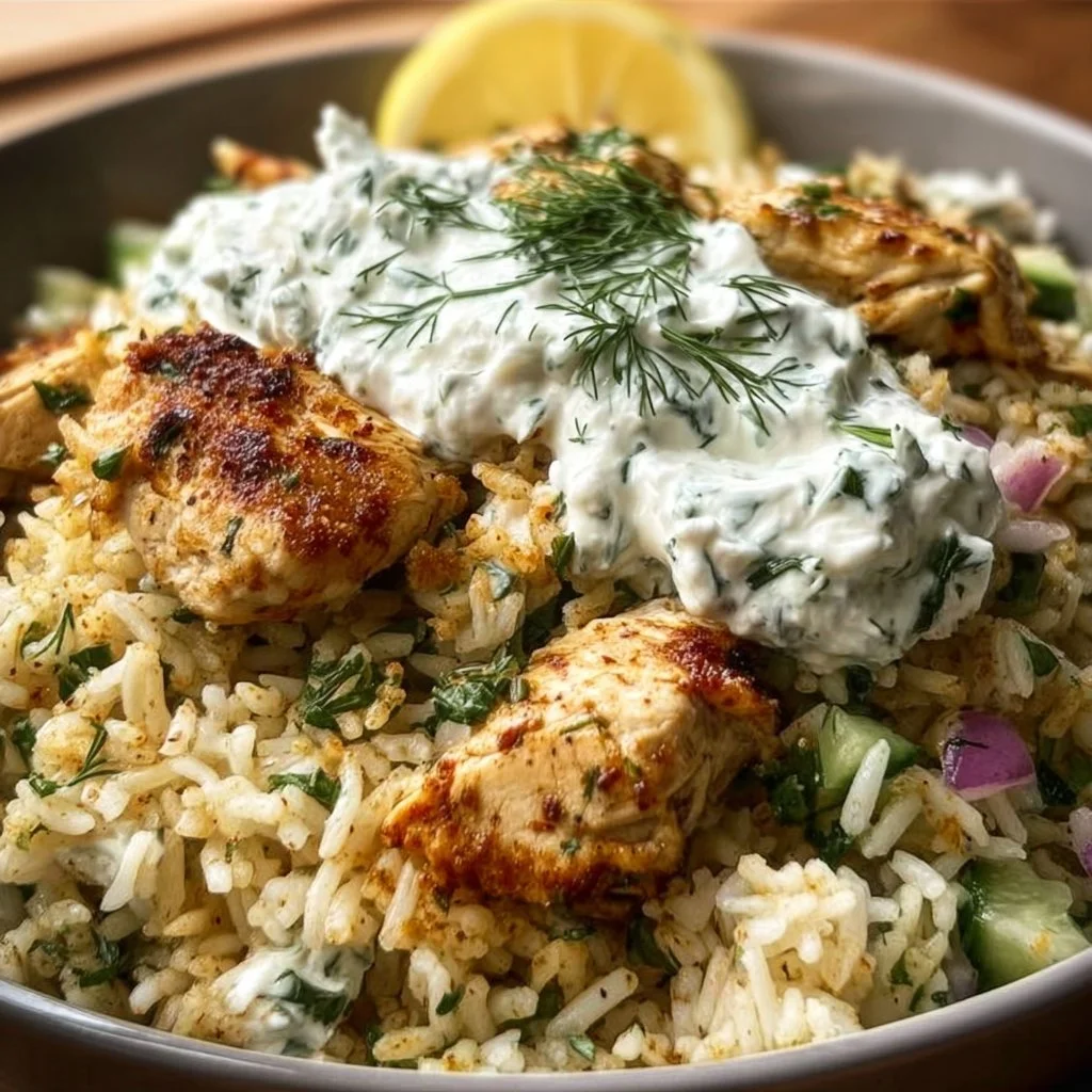 Dump-and-Bake Chicken Tzatziki Rice served in a bowl with fresh vegetables