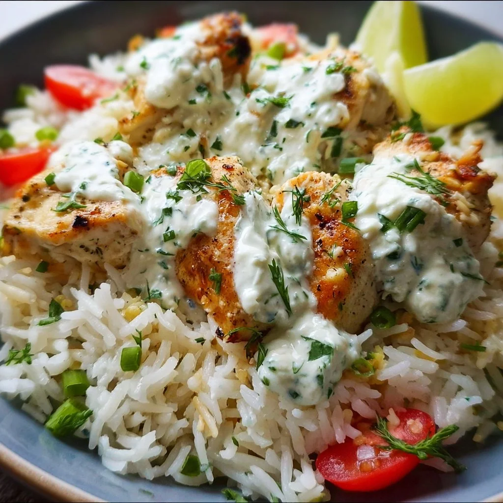 Delicious Dump-and-Bake Chicken Tzatziki served with rice on a white plate