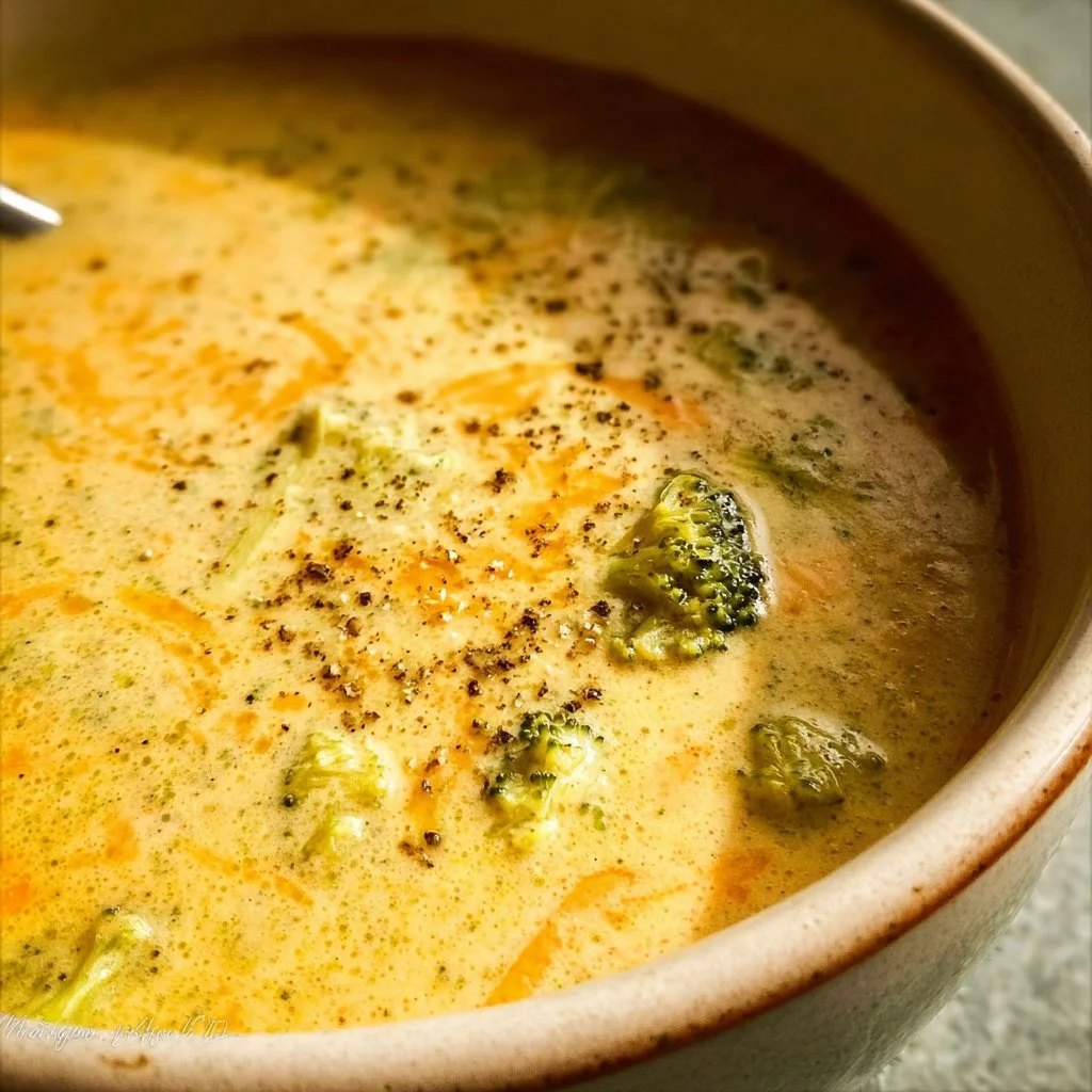 Bowl of creamy easy broccoli cheddar soup with melted cheese on top
