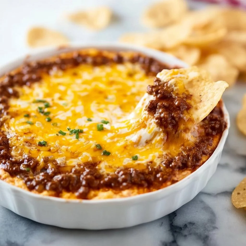 Delicious easy chili cheese dip served with tortilla chips