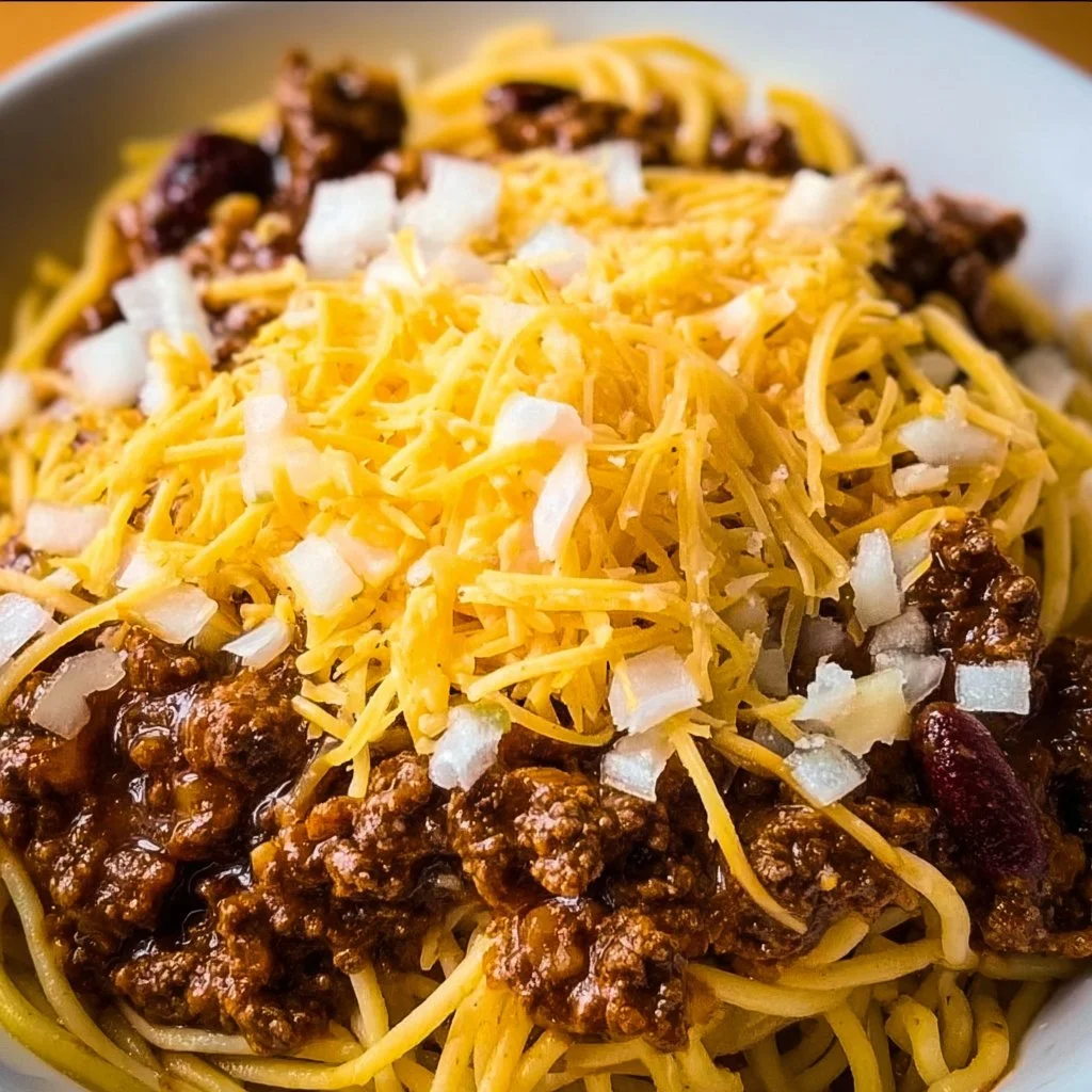 Delicious bowl of Easy Cincinnati Chili topped with cheese and onions