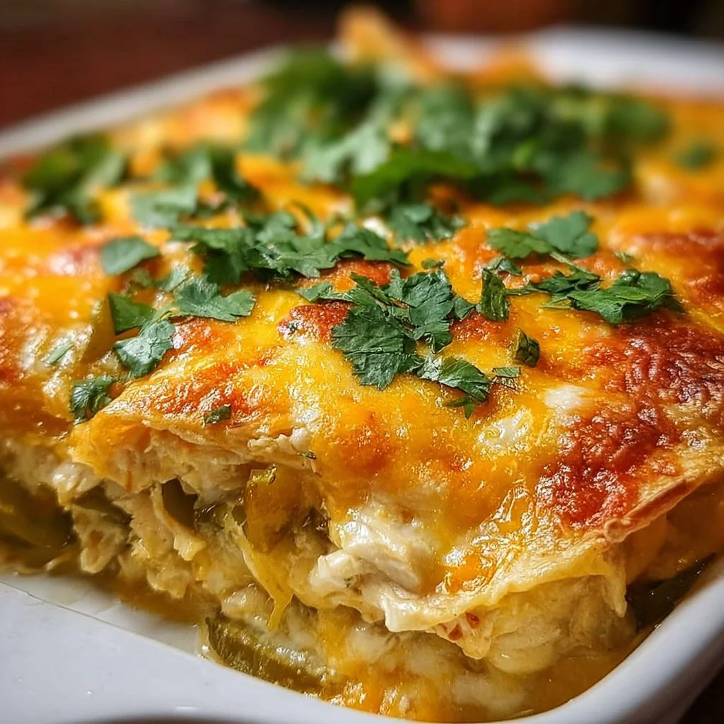 Easy green chile chicken enchilada casserole dish topped with cheese and green chiles