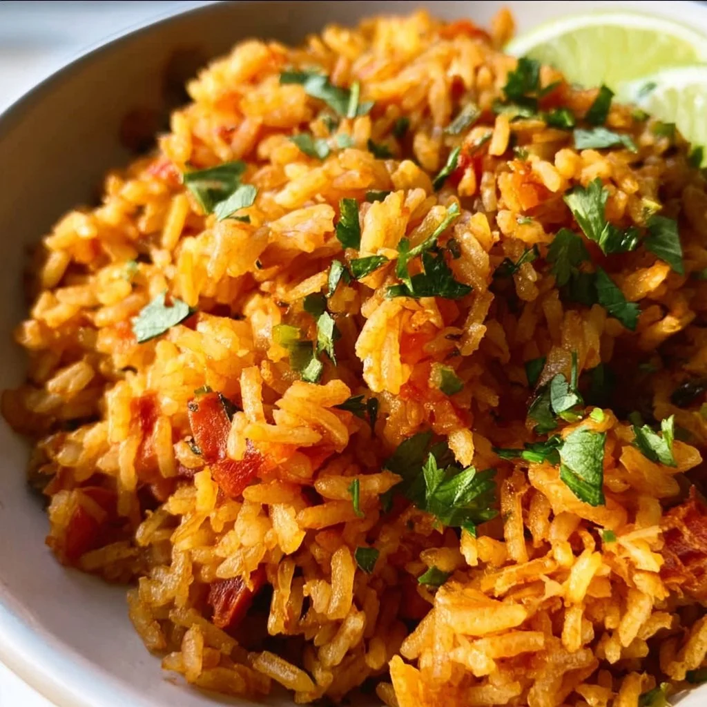 Bowl of easy Mexican rice garnished with cilantro and lime