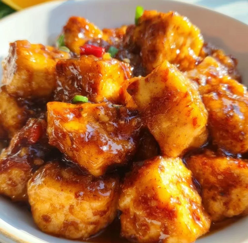 Delicious easy orange tofu served with vegetables on a plate