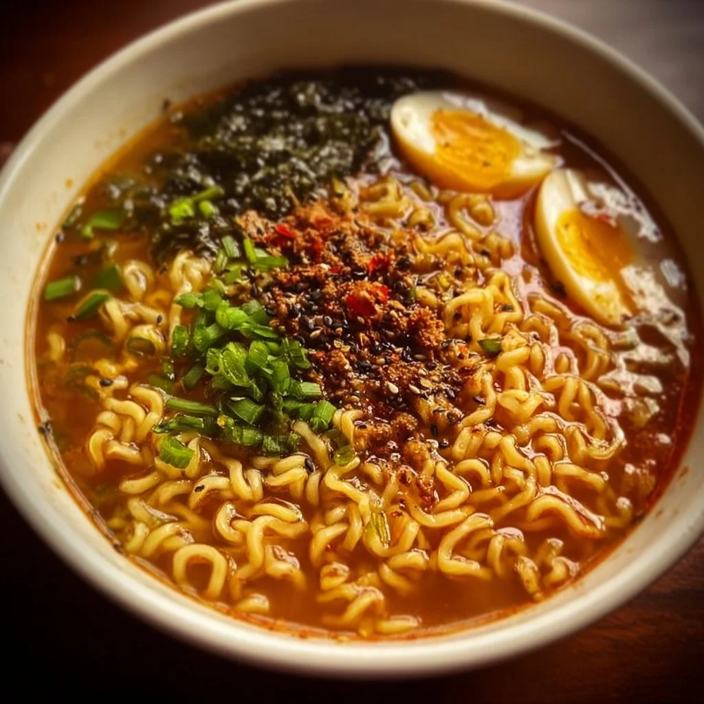 A bowl of easy ramen noodle soup topped with green onions and soft-boiled eggs.