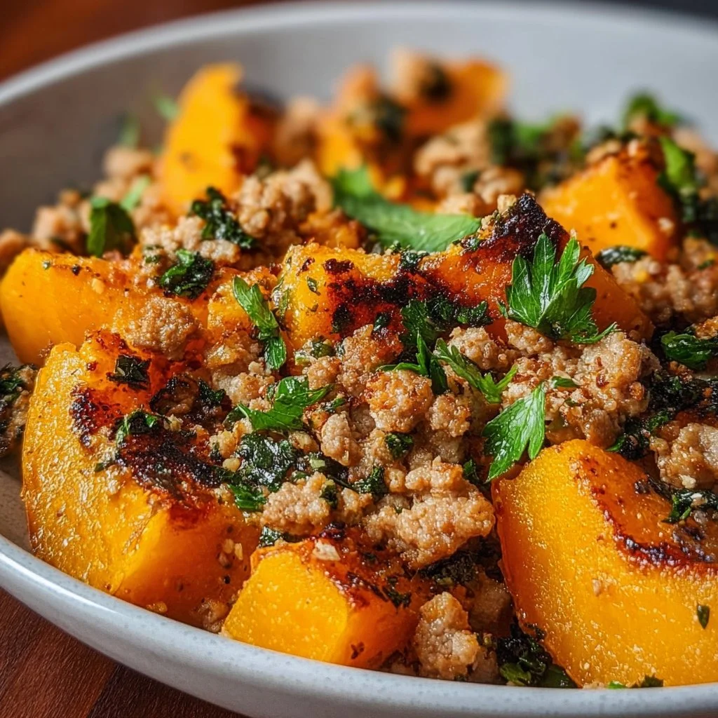 Easy roasted butternut squash dish with ground turkey served on a plate