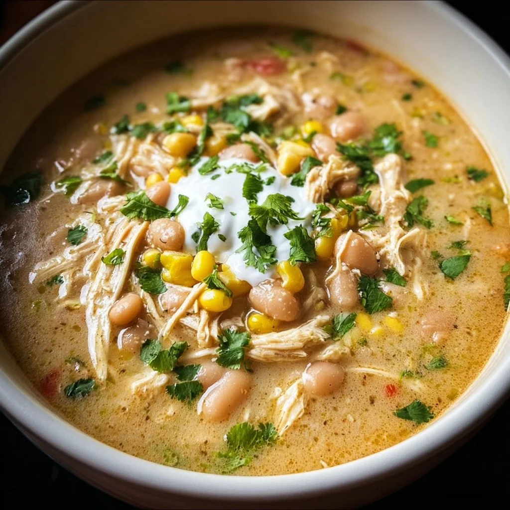 Bowl of easy slow cooker white chicken chili topped with fresh cilantro