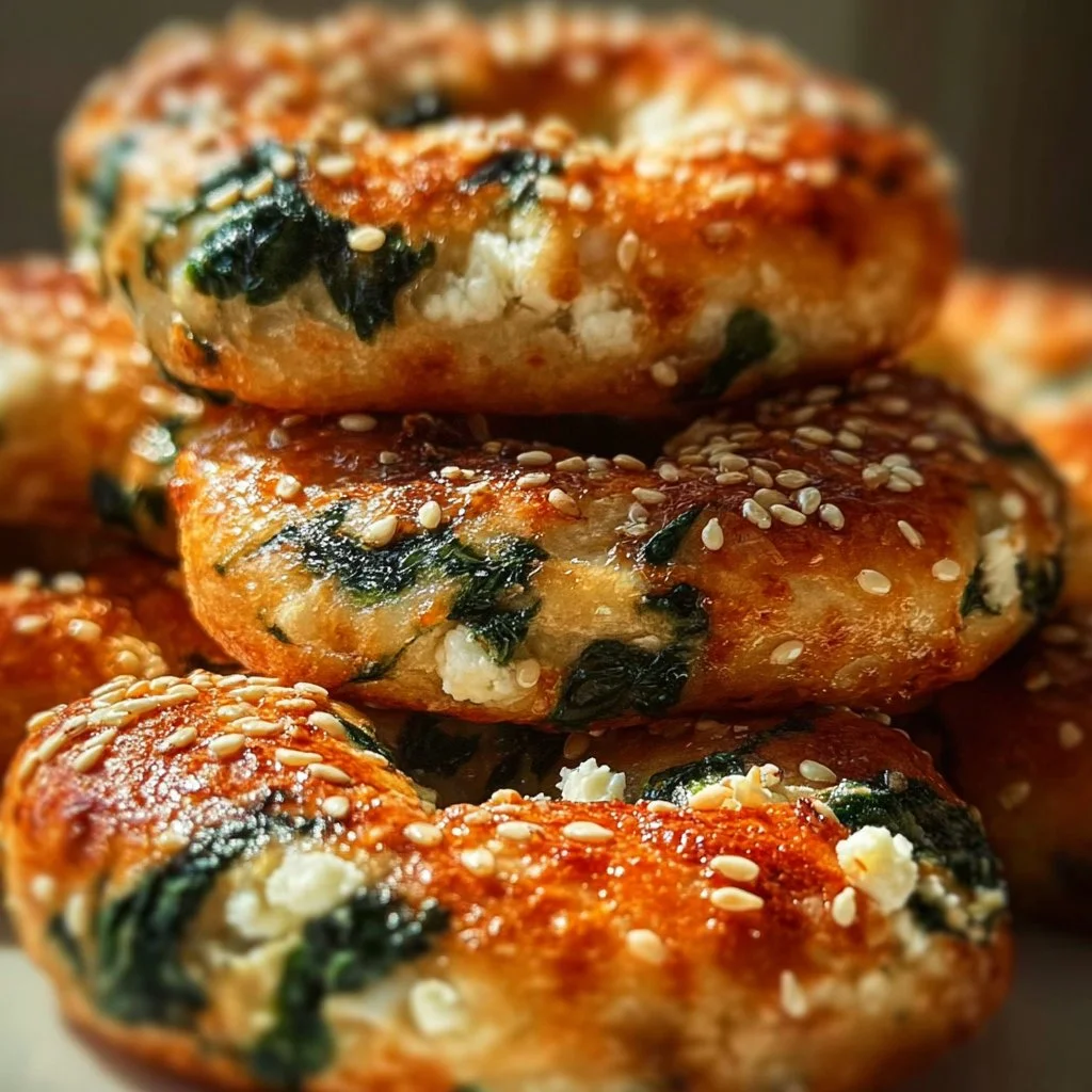 Easy spinach cottage cheese flat bagels recipe with vibrant green spinach.