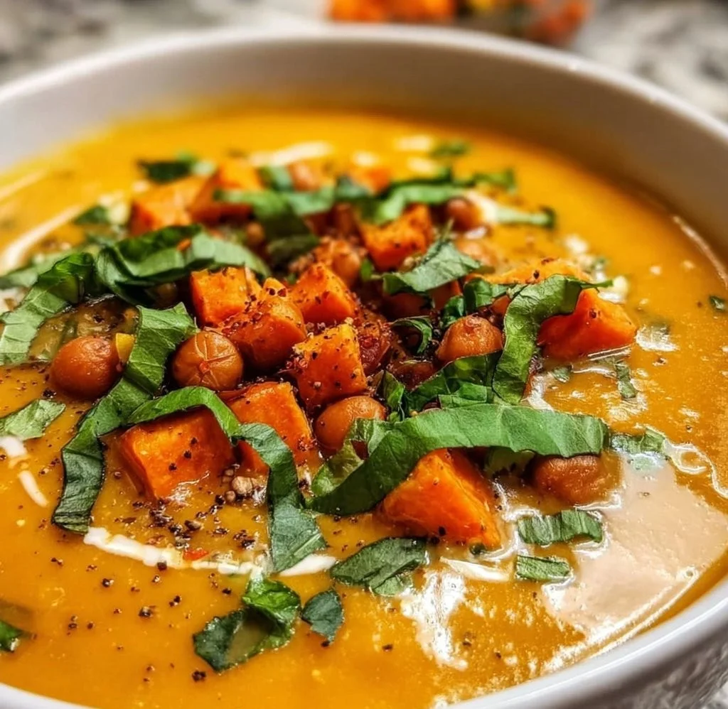 Bowl of easy sweet potato curry soup garnished with herbs and spices