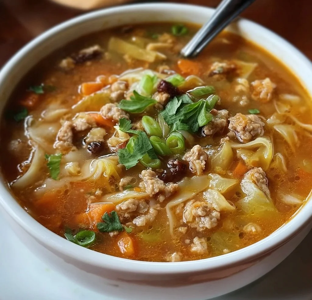 Bowl of delicious Egg Roll Soup garnished with vegetables and herbs