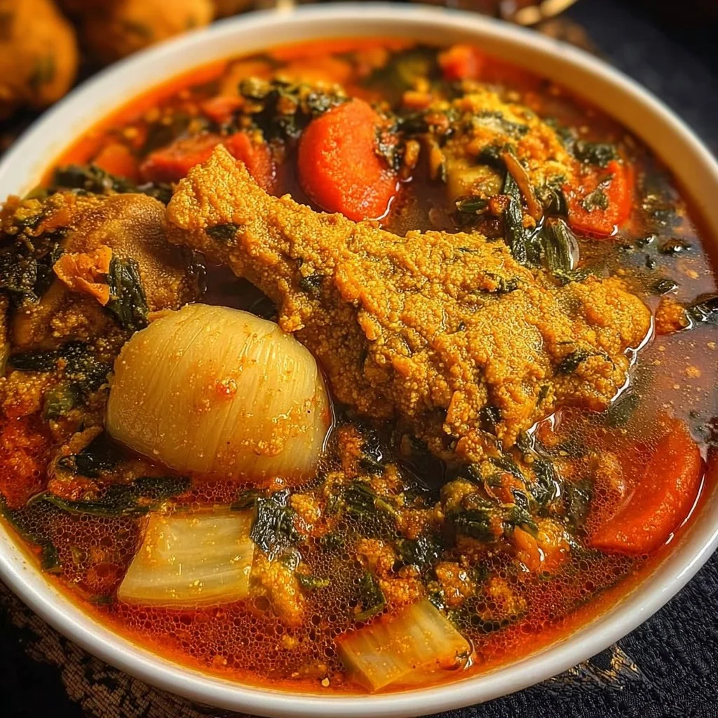 Bowl of delicious Egusi Soup served with fufu, showcasing vibrant colors and texture.