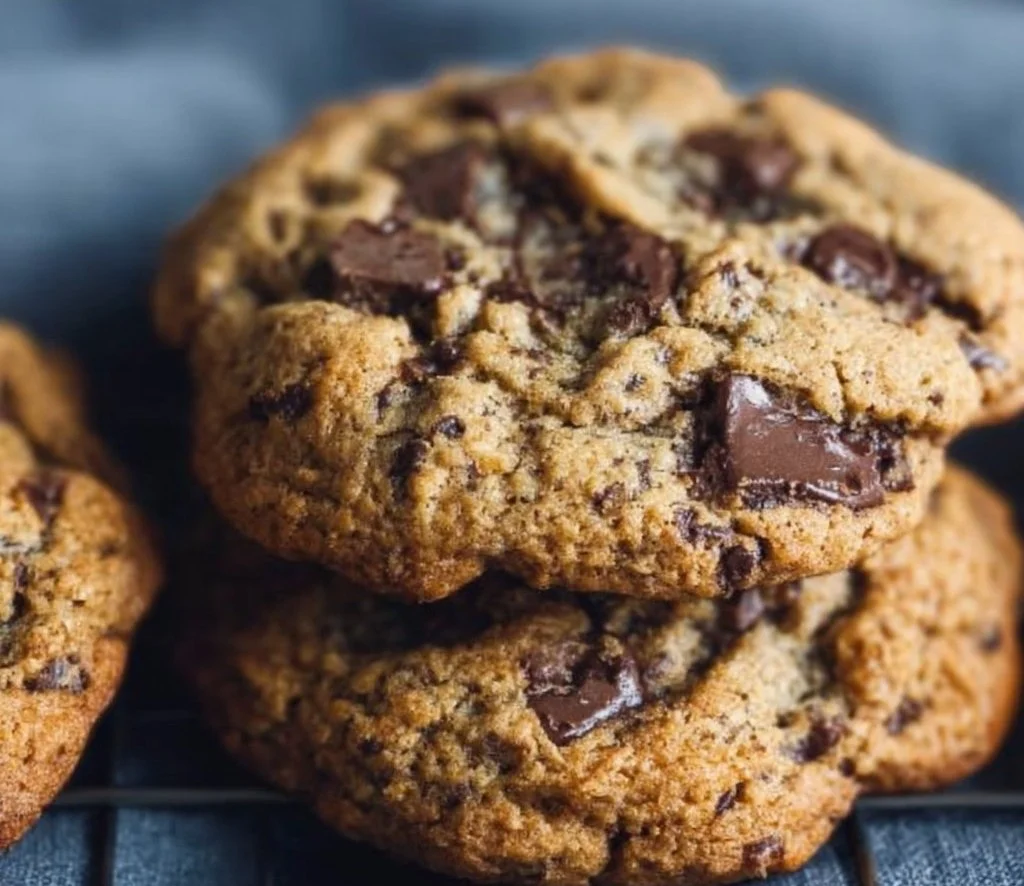 Baked Einkorn Chocolate Chip Cookies on a wooden plate