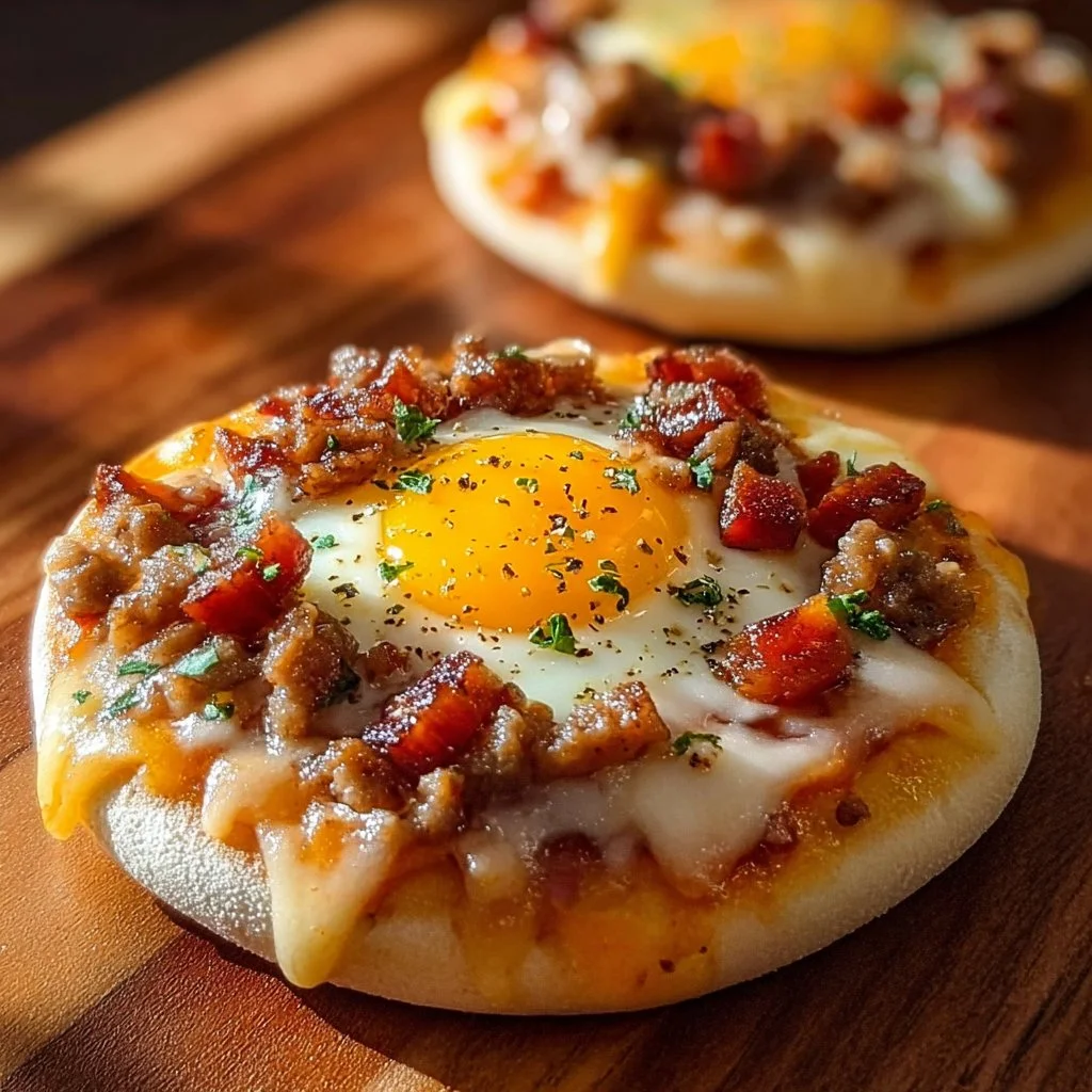 Delicious English Muffin Breakfast Pizza topped with fresh ingredients