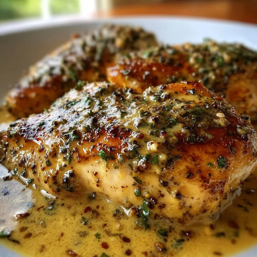 Delicious plate of French Mustard Chicken garnished with herbs.