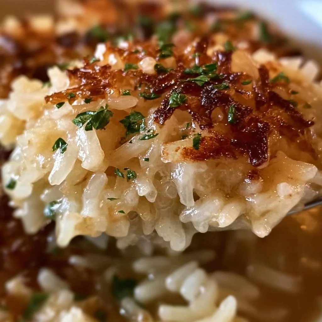 A bowl of French Onion Soup Rice topped with melted cheese and fresh herbs.