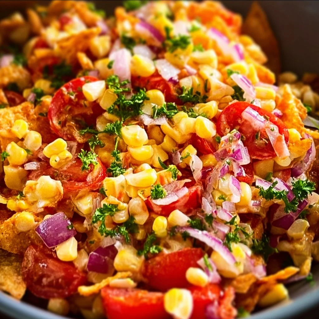 Colorful bowl of Frito Corn Salad with beans, corn, and dressing
