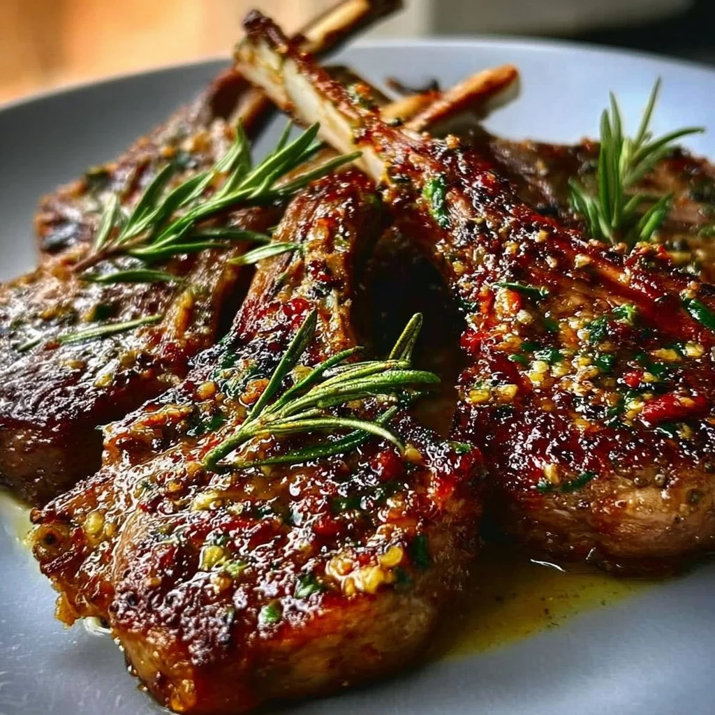 Juicy garlic rosemary lamb chops served on a plate with fresh herbs