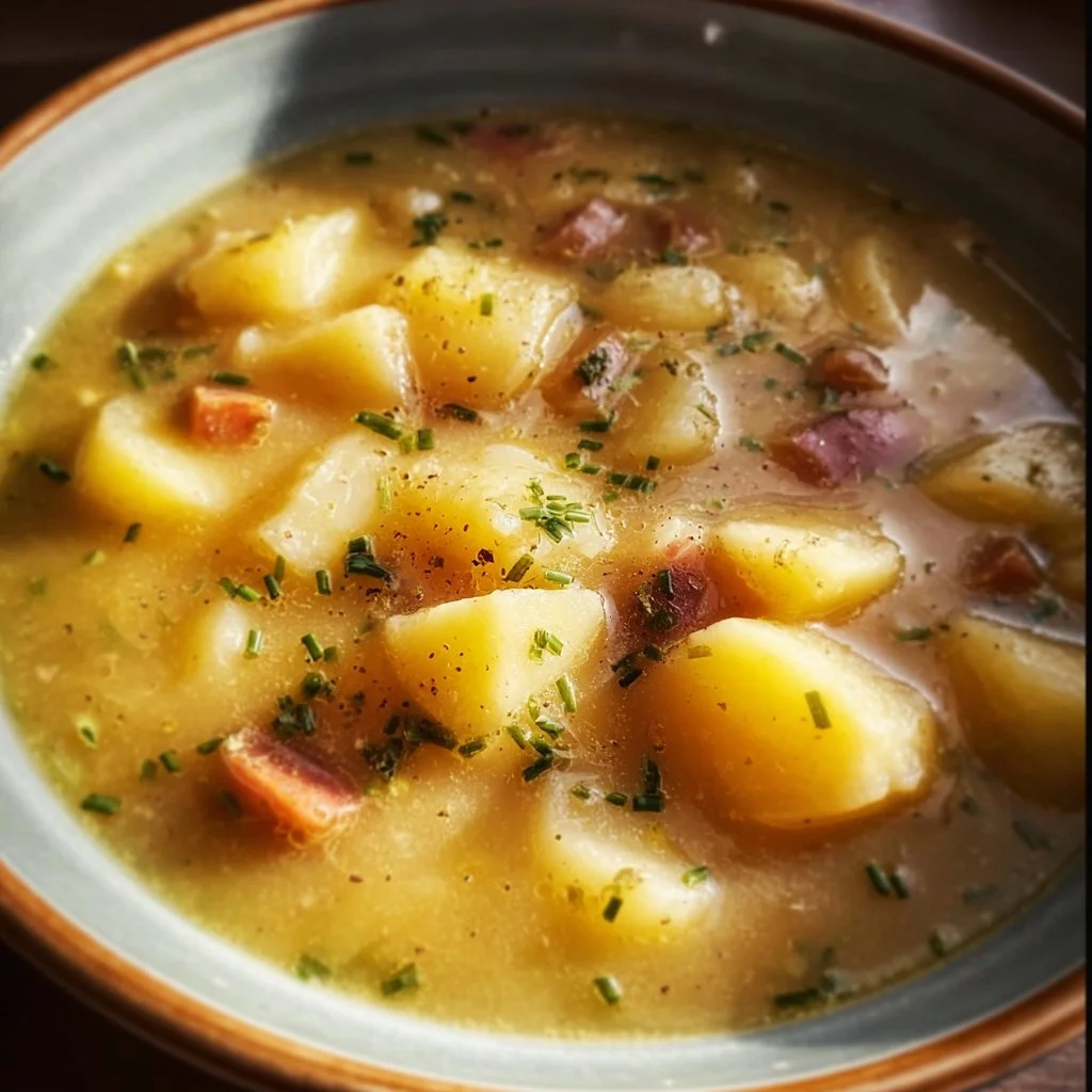 Bowl of creamy German potato soup topped with herbs and spices