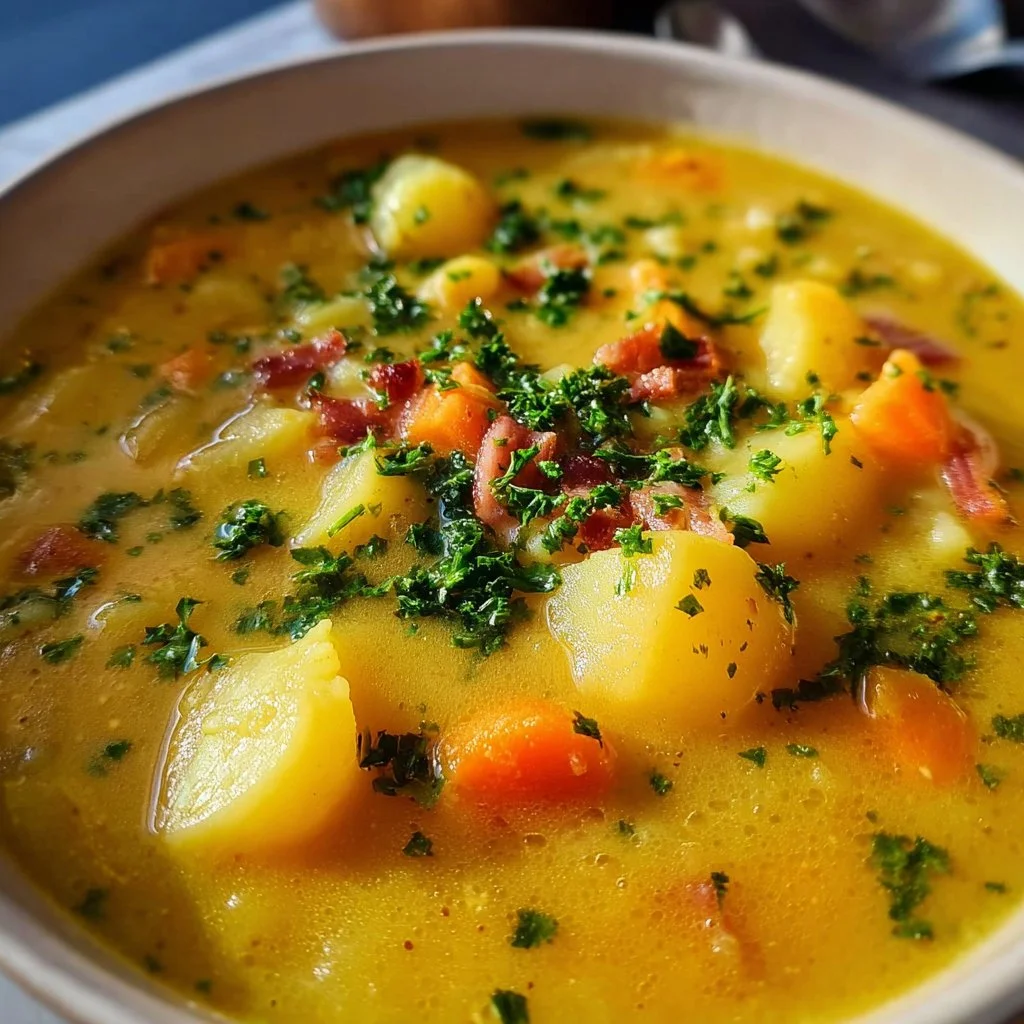 Bowl of delicious German Potato Soup garnished with herbs