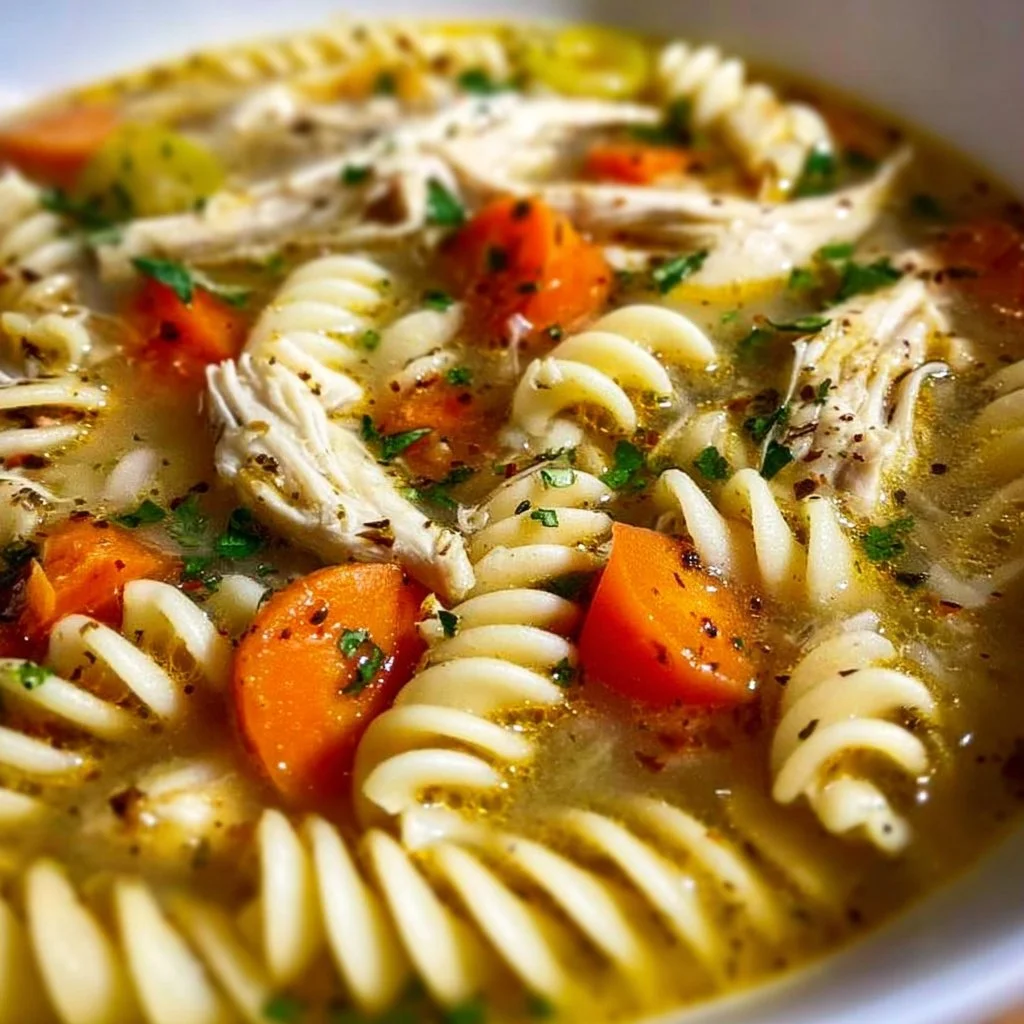 Bowl of gluten free chicken noodle soup with vegetables and noodles