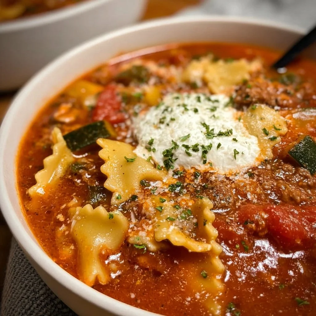 Bowl of gluten-free lasagna soup with fresh basil and cheese garnishing