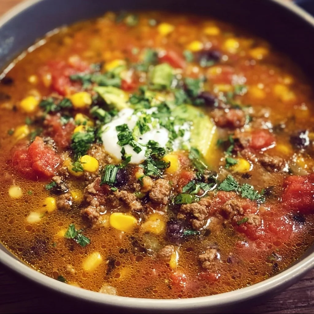 Bowl of gluten-free taco soup with toppings like cheese and cilantro