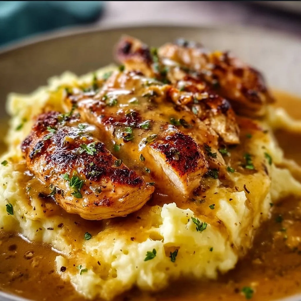 Golden seared chicken served with cheesy mashed potatoes and garlic gravy.