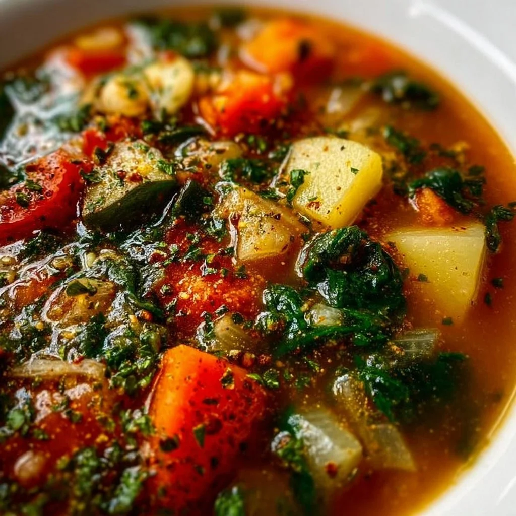 Bowl of Greek Healing Soup with fresh herbs and vegetables