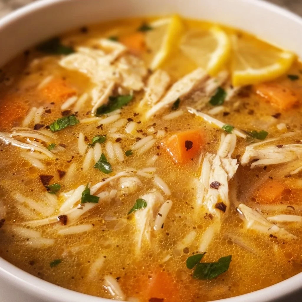 Bowl of Greek Lemon Chicken Soup with fresh herbs and lemon slices.