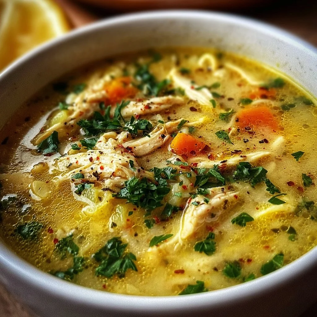 Bowl of Greek Lemon Chicken Soup garnished with parsley and lemon slices