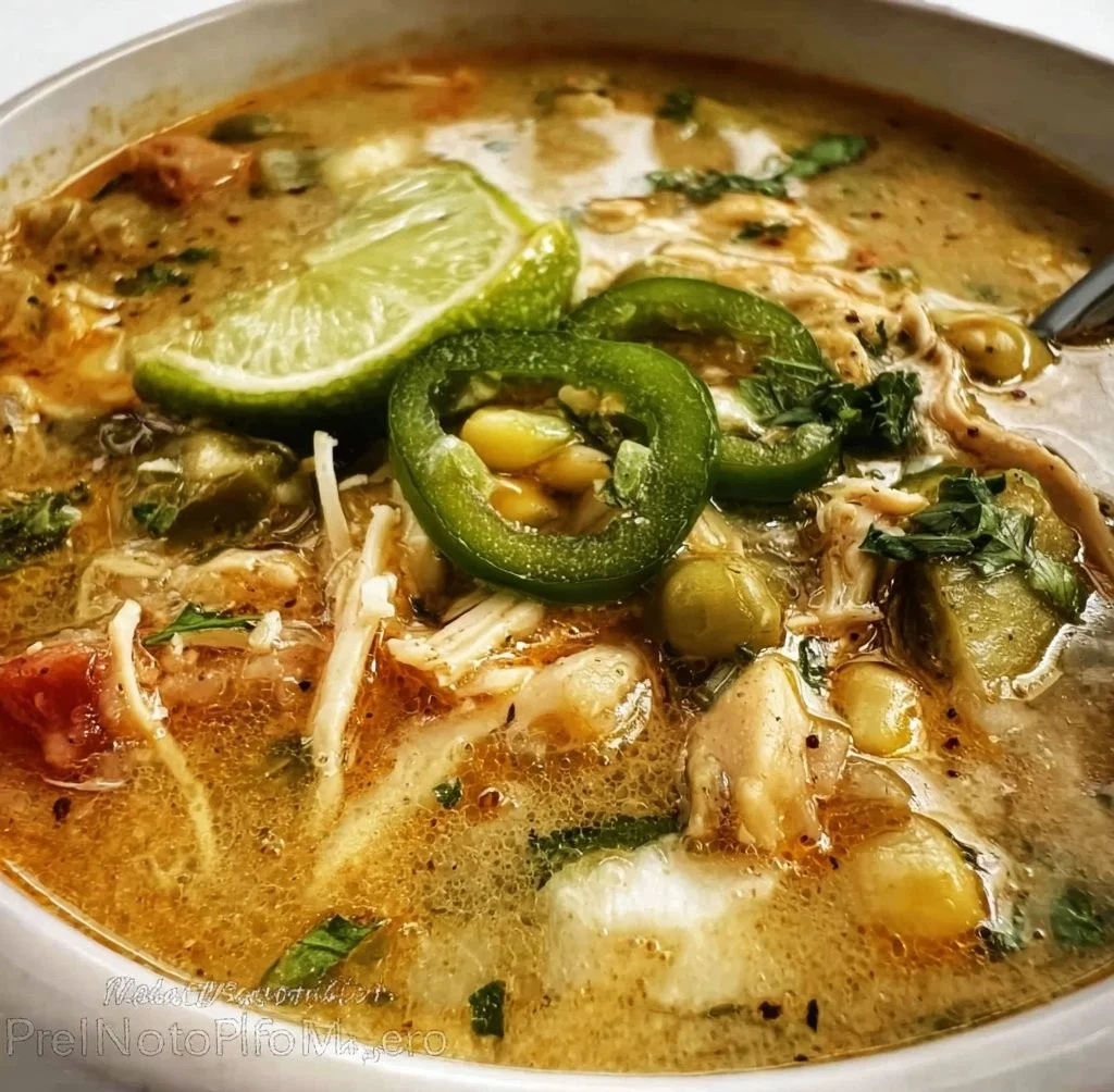 Bowl of Green Chicken Chili Soup garnished with fresh cilantro and lime wedges.