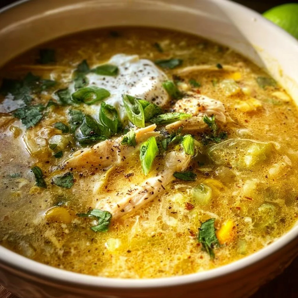 Bowl of flavorful Green Chicken Enchilada Soup with toppings