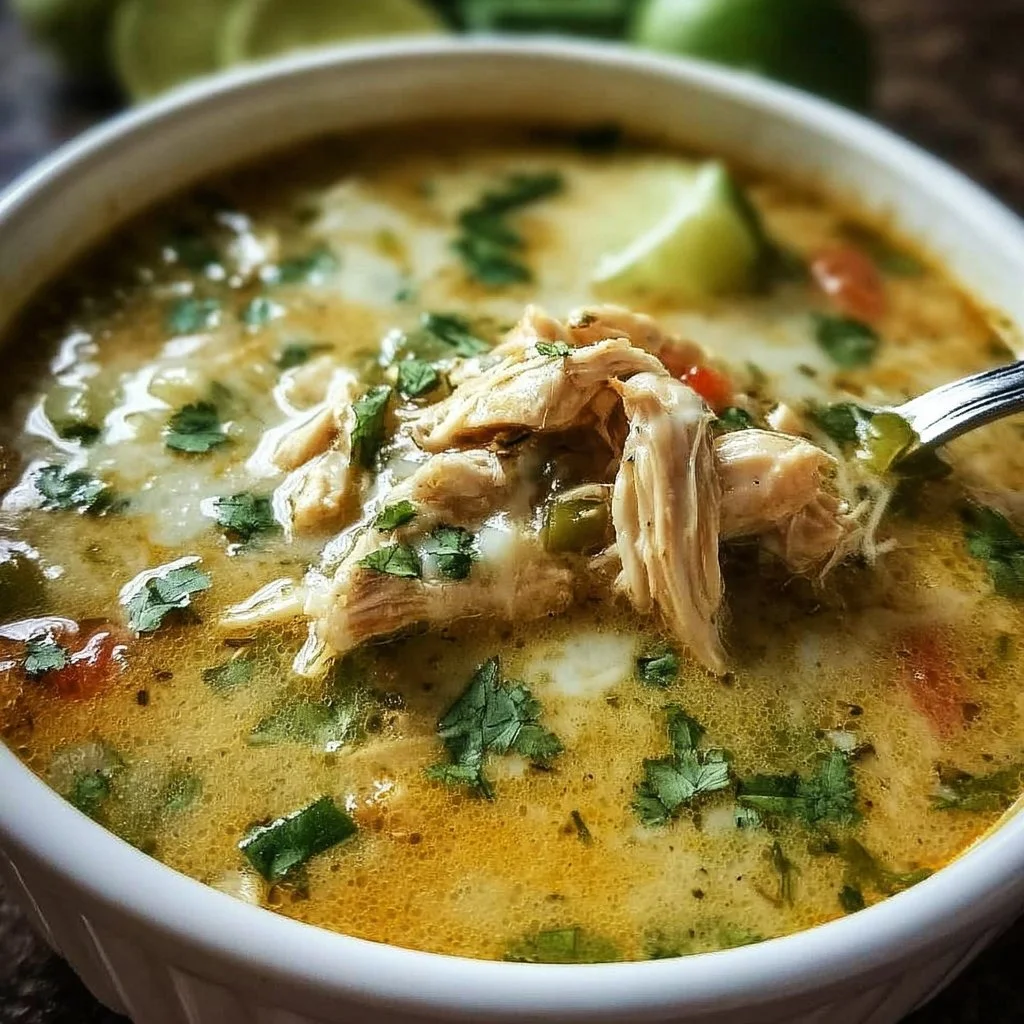 Delicious green chicken enchilada soup served in a bowl with toppings.