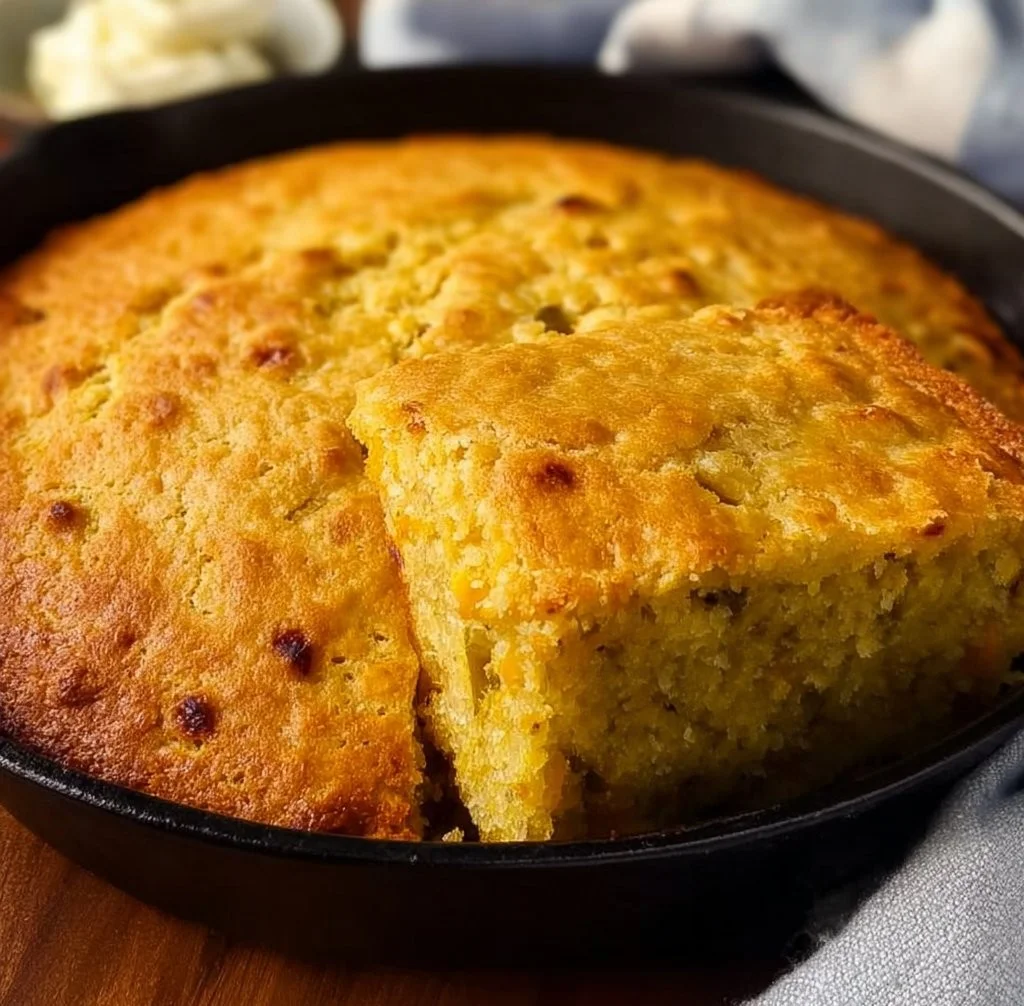 Freshly baked Green Chile Cheddar Cornbread with green chiles and cheese