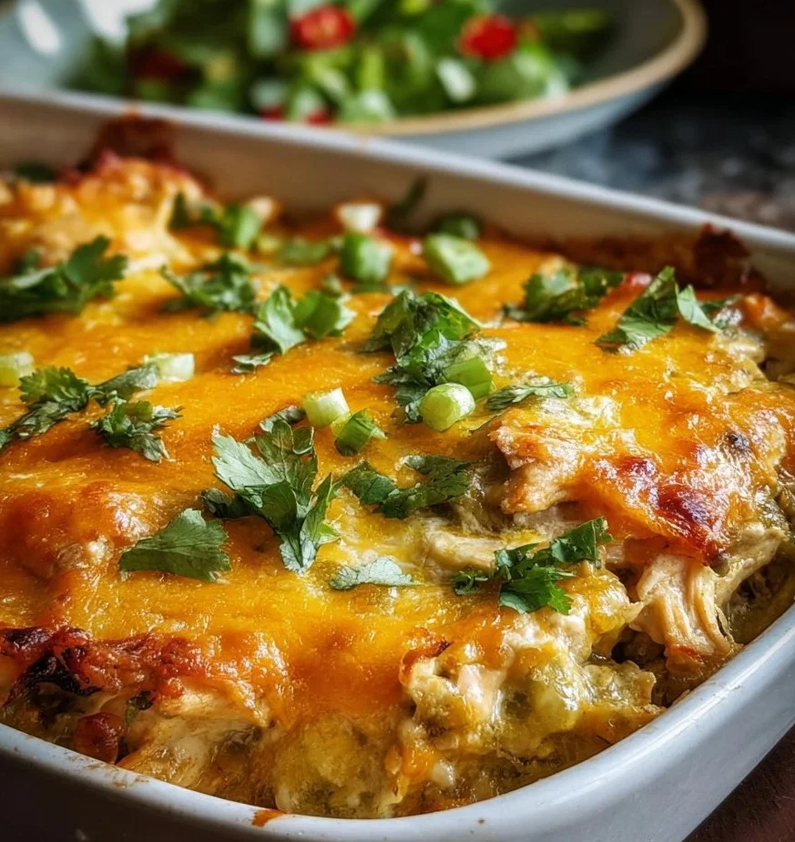 A delicious green chile chicken casserole topped with cheese and fresh herbs