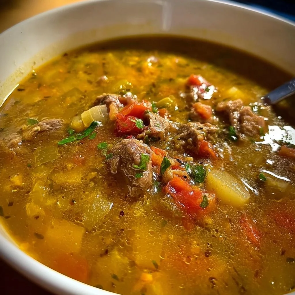 Bowl of flavorful green chile stew garnished with fresh herbs