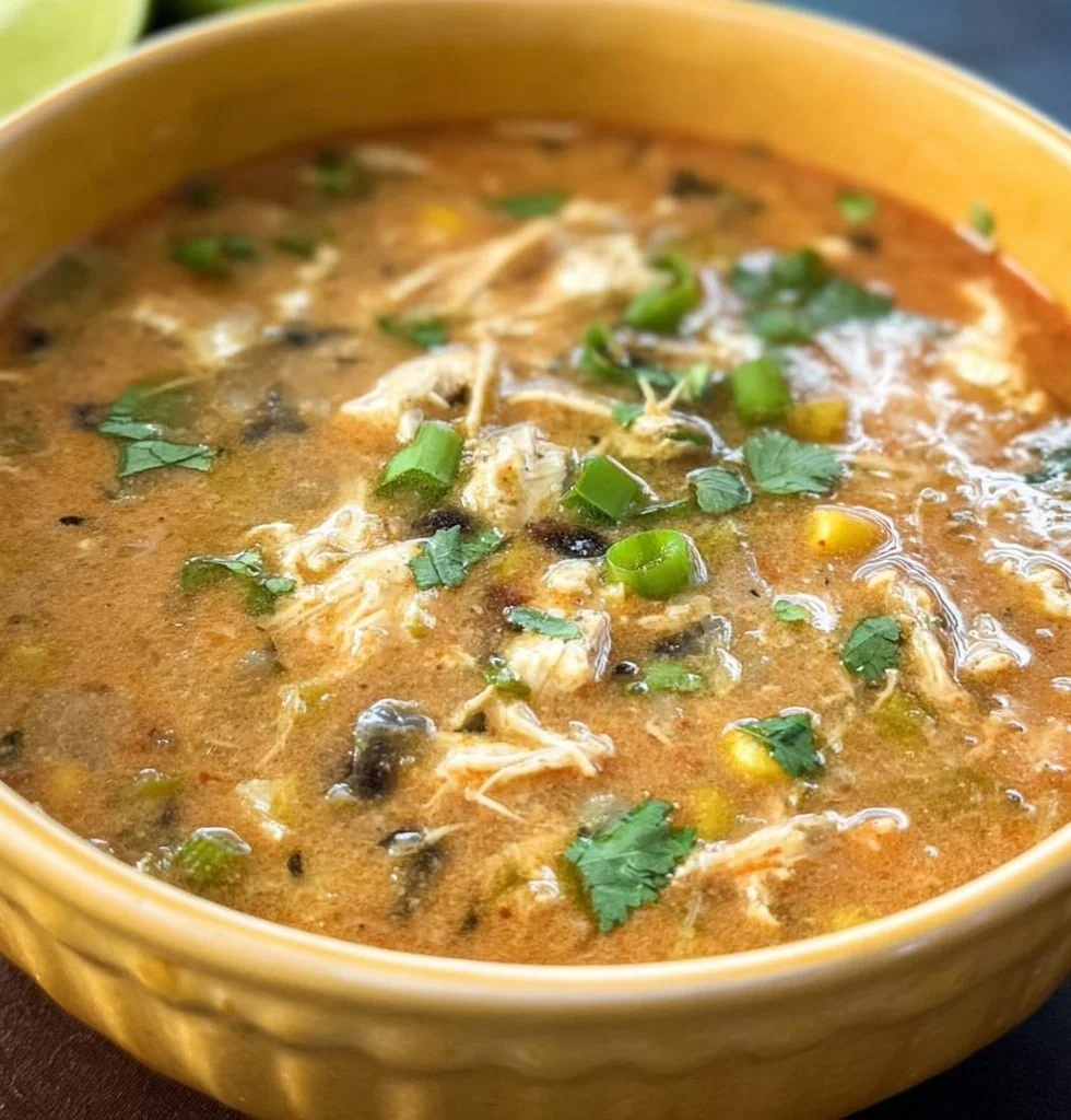 Delicious bowl of Green Chili Chicken Enchilada Soup with garnishes