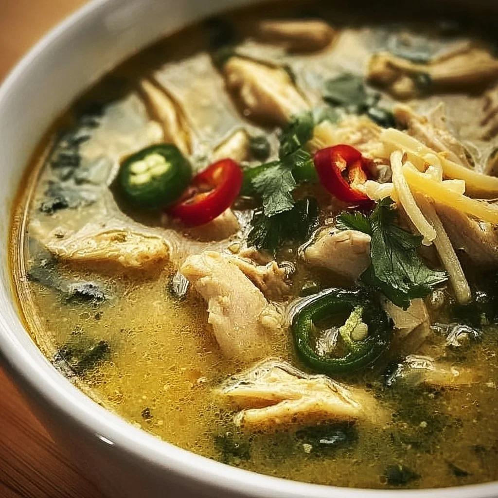 Bowl of Green Chili Chicken Soup garnished with cilantro and lime