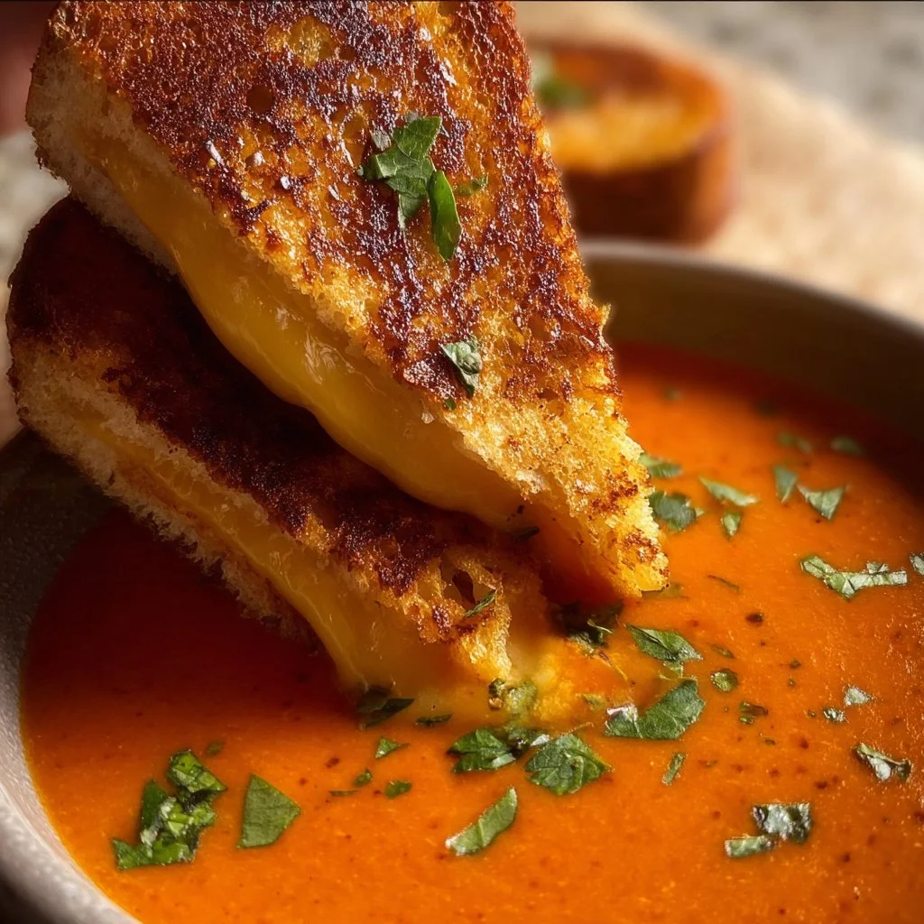 A warm bowl of tomato soup with a crispy grilled cheese sandwich on the side