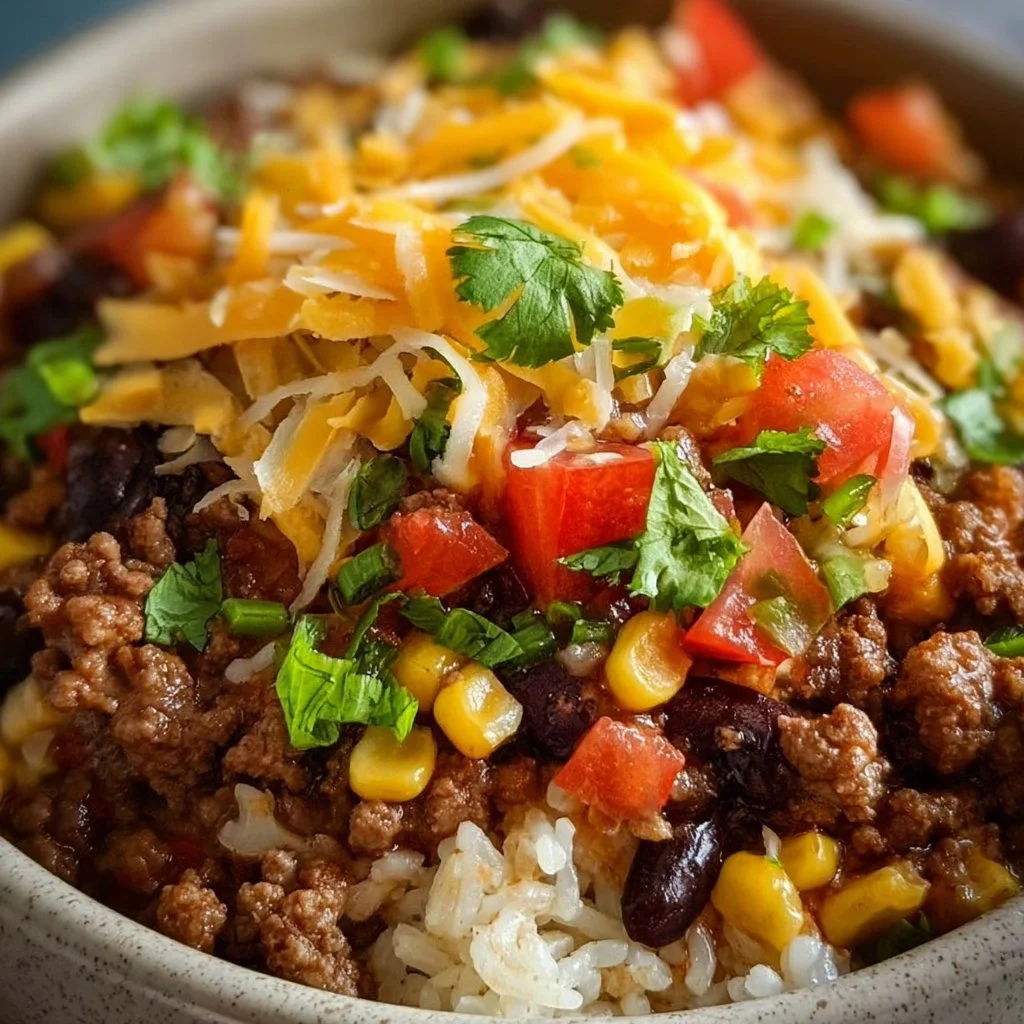 Delicious Ground Beef Burrito Bowl topped with fresh ingredients